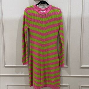 Victor Glemaud M Pink and Green Cotton Striped Long Sleeve Sweater Dress